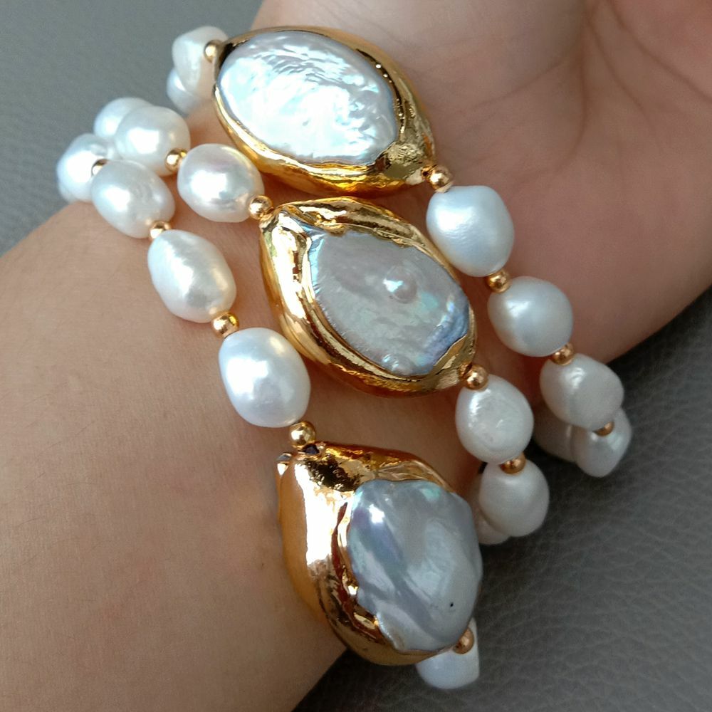 8” 3 Rows Cultured White Baroque Pearl White Keshi Pearl Bracelet