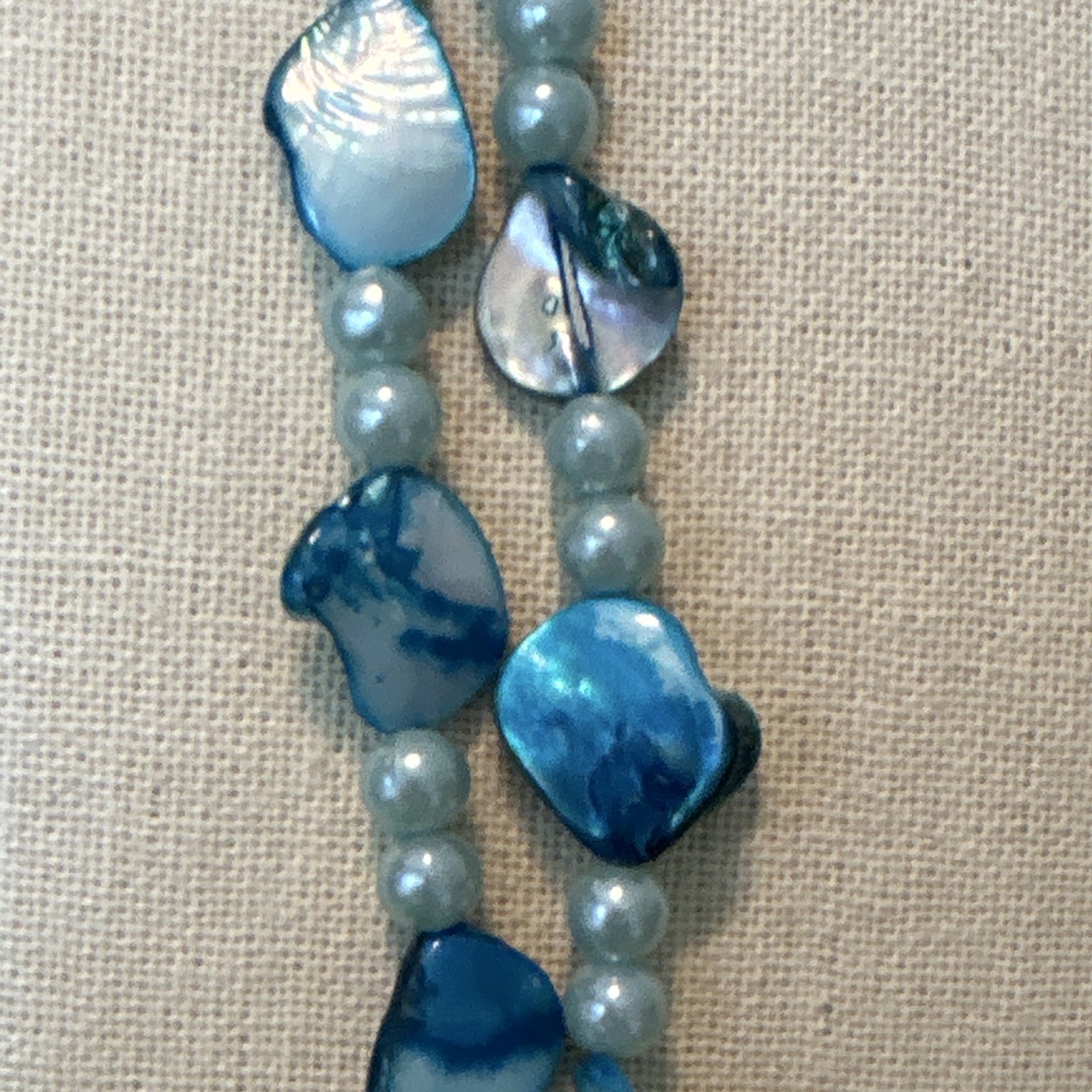 Blue Pearl & Shell Beaded Layered Double Strand Necklace, Ball/Bead Chain