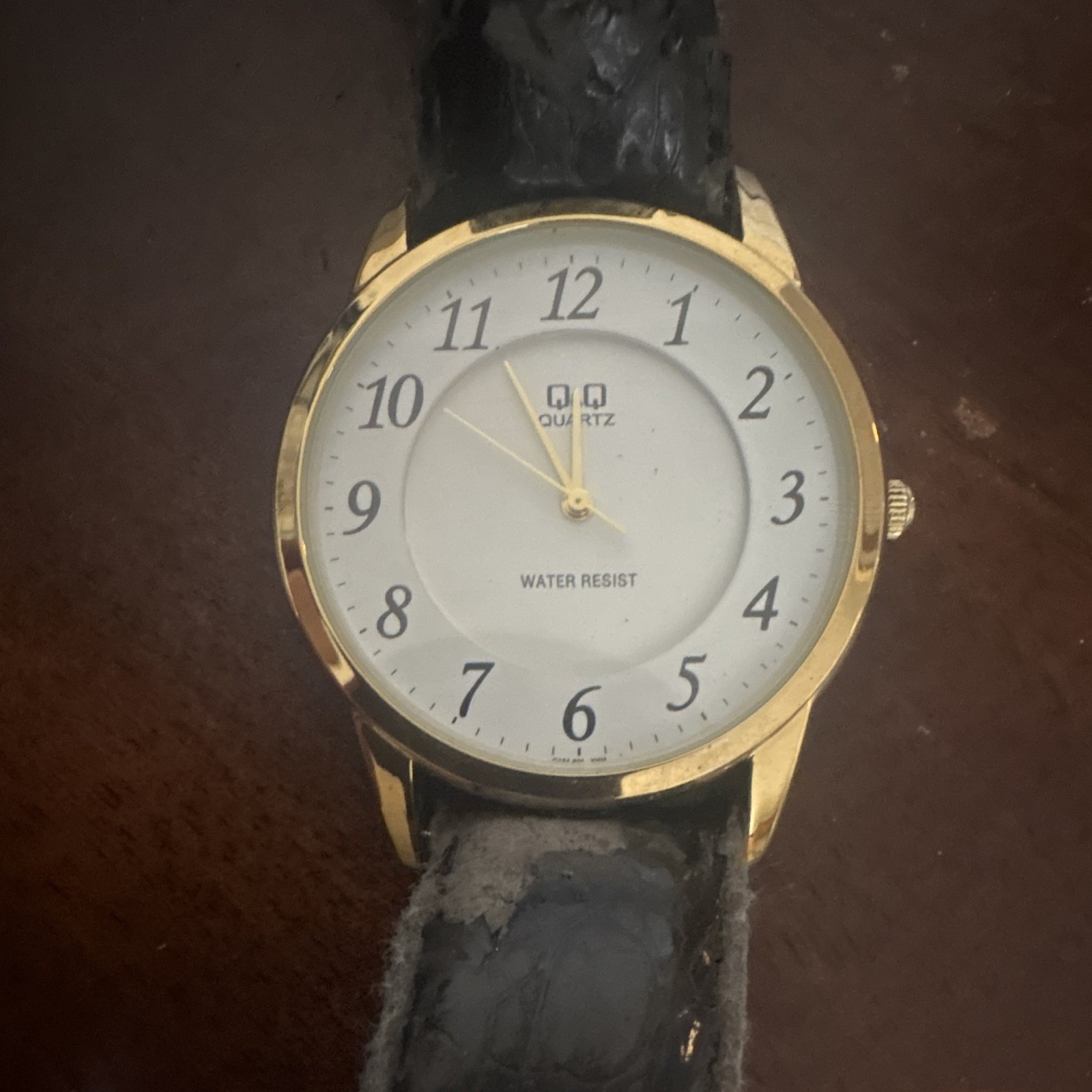 Q&Q Quartz Water-Resistant Analog Watch Gold-Tone Case White Dial Black Leather