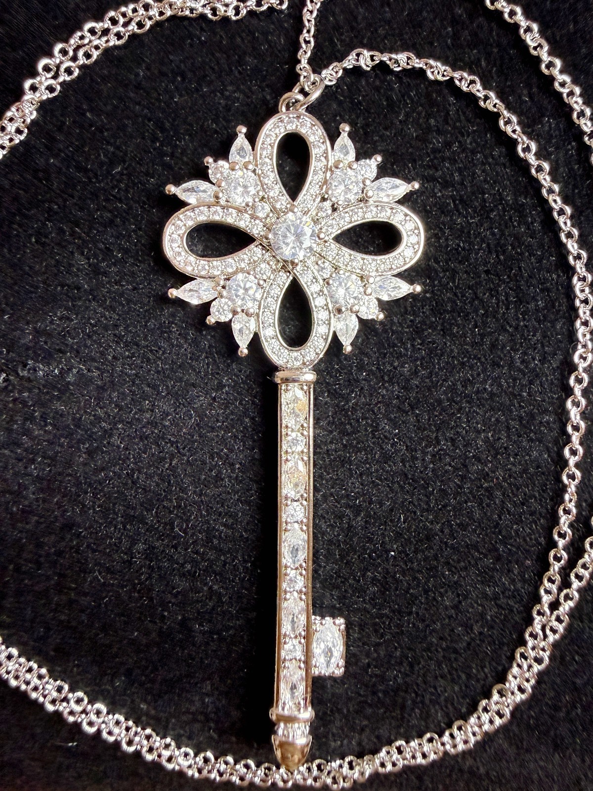 18K White Gold Plated Flower Key Pendant Necklace with Cubic Zirconia Stones
