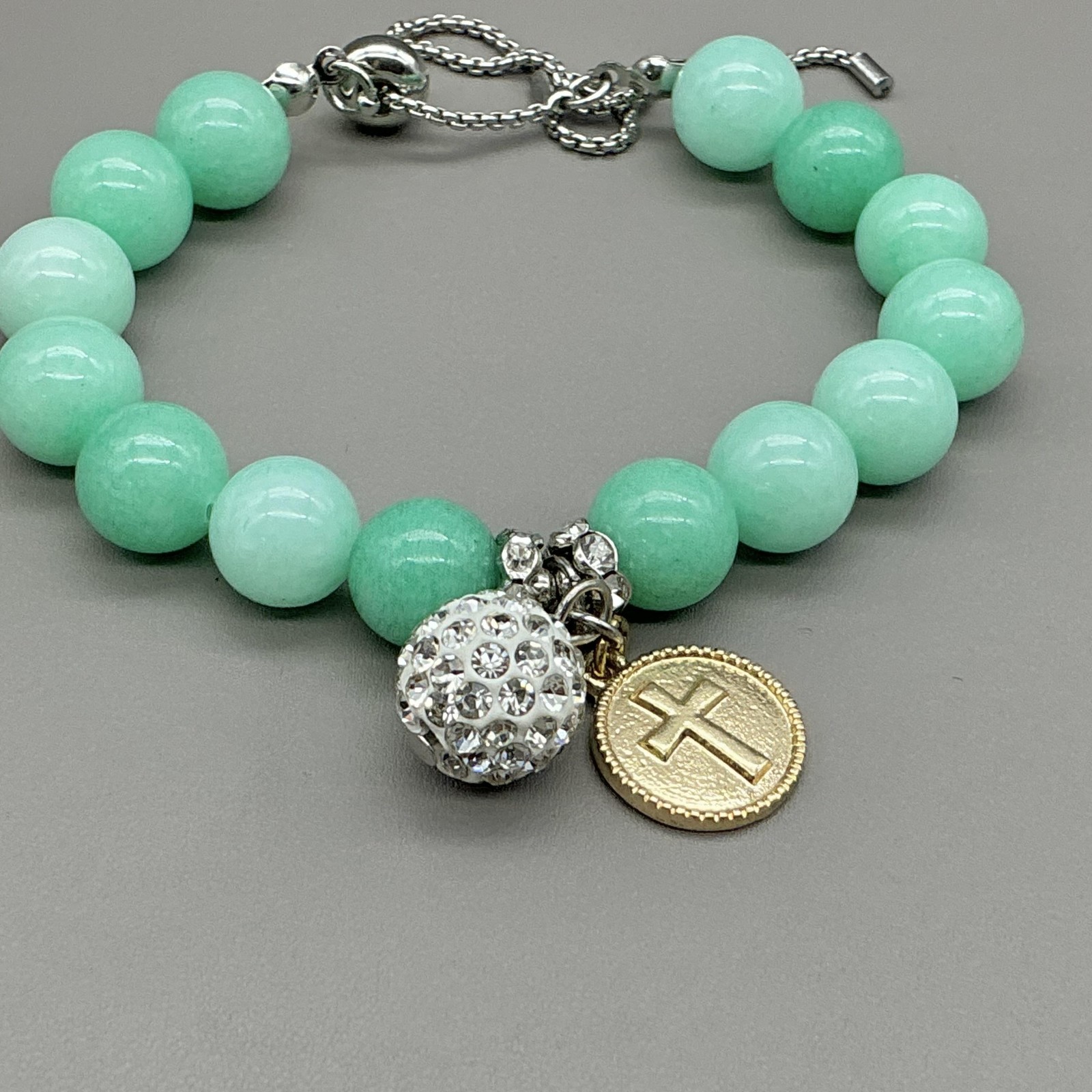 Bracelet Green Beaded Rhinestone Cross Charm Bolo Womens 6.5 In Faith Jewelry