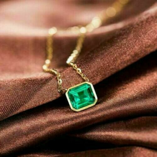 2.00Ct Emerald Cut Lab Created Emerald Pendant 14K Yellow Gold Plated Free Chain