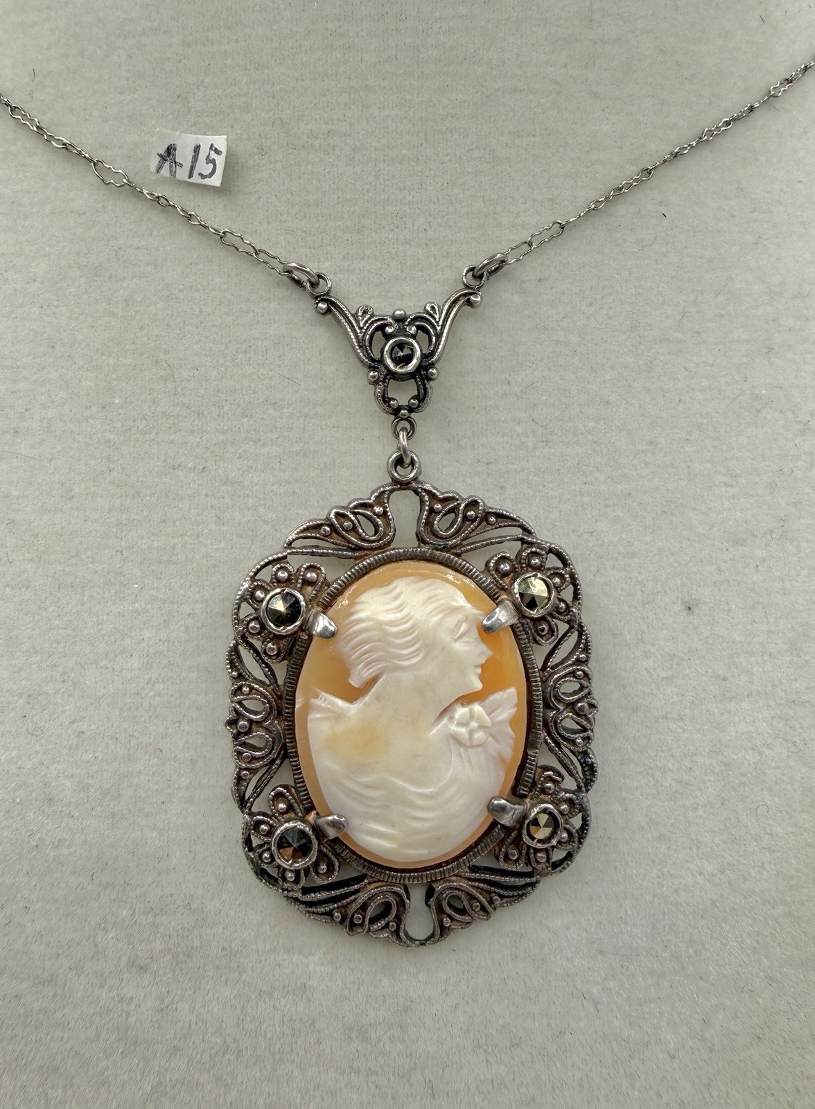 Vintage Sterling Silver Shell Cameo Marcasite Filigree Pendant Necklace