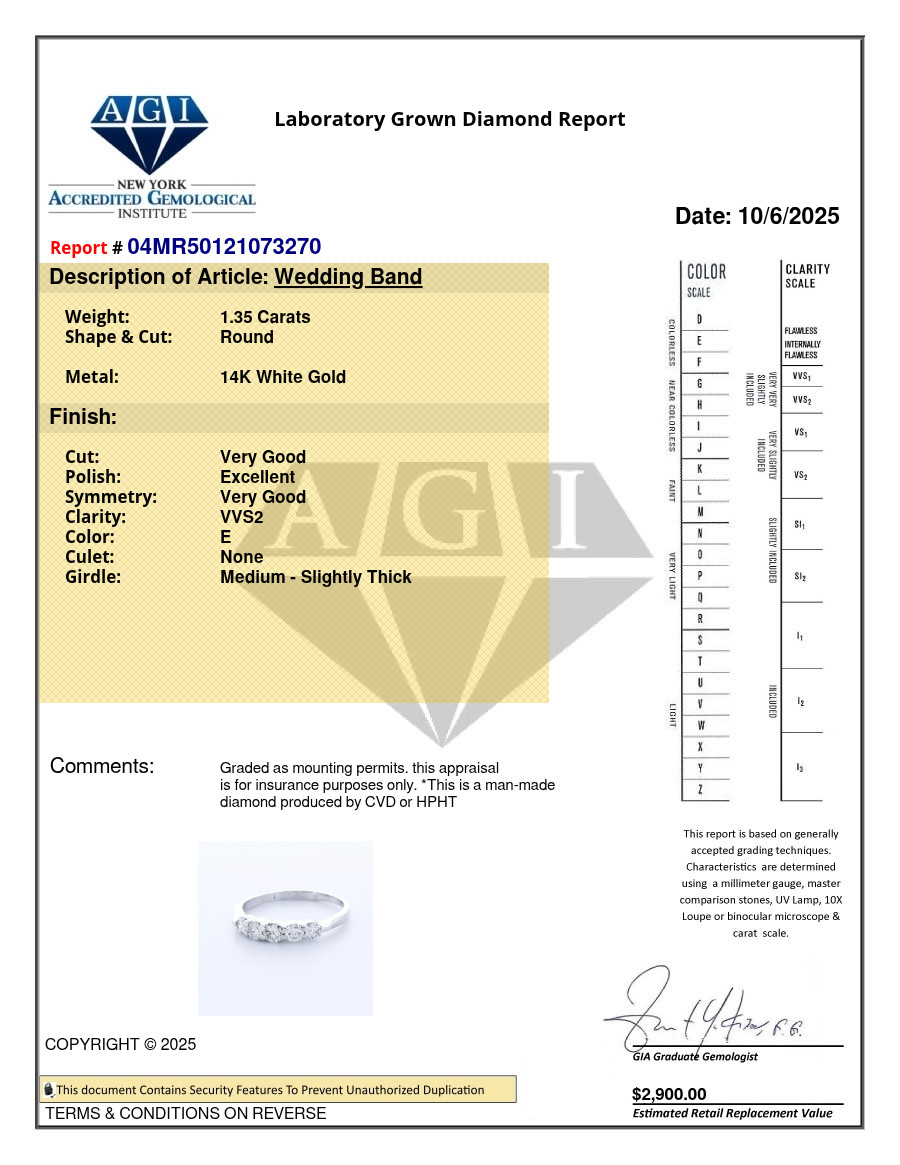 Classic Wedding Band 14K Gold Classic 1.35 Carat Round Lab-Grown Diamond E VVS2