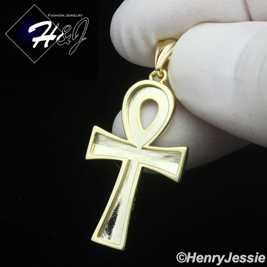 MEN 925 STERLING SILVER MOON CUT PLAIN GOLD PLATED ANKH KEY CROSS PENDANT*GP467