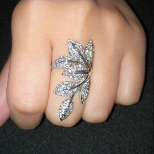 1.50Ct Lab Created Diamond Unique Leaf Ring 14k White Gold Plated Silver