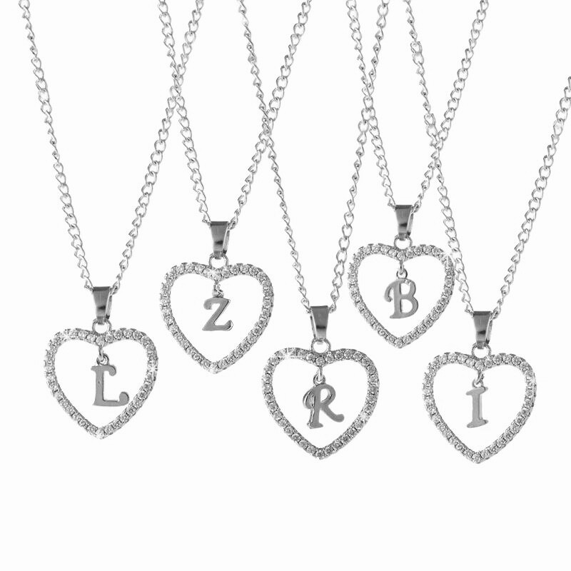Ladies Silver Love Heart Initial Alphabet Letter Cubic Chain Girls Necklace