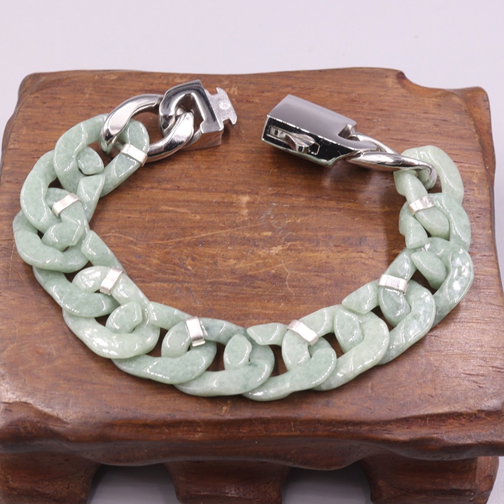 Real Grade A Natural Green Jade Jadeite Men Cuban Curb Link Bracelet 7.5-7.9inch