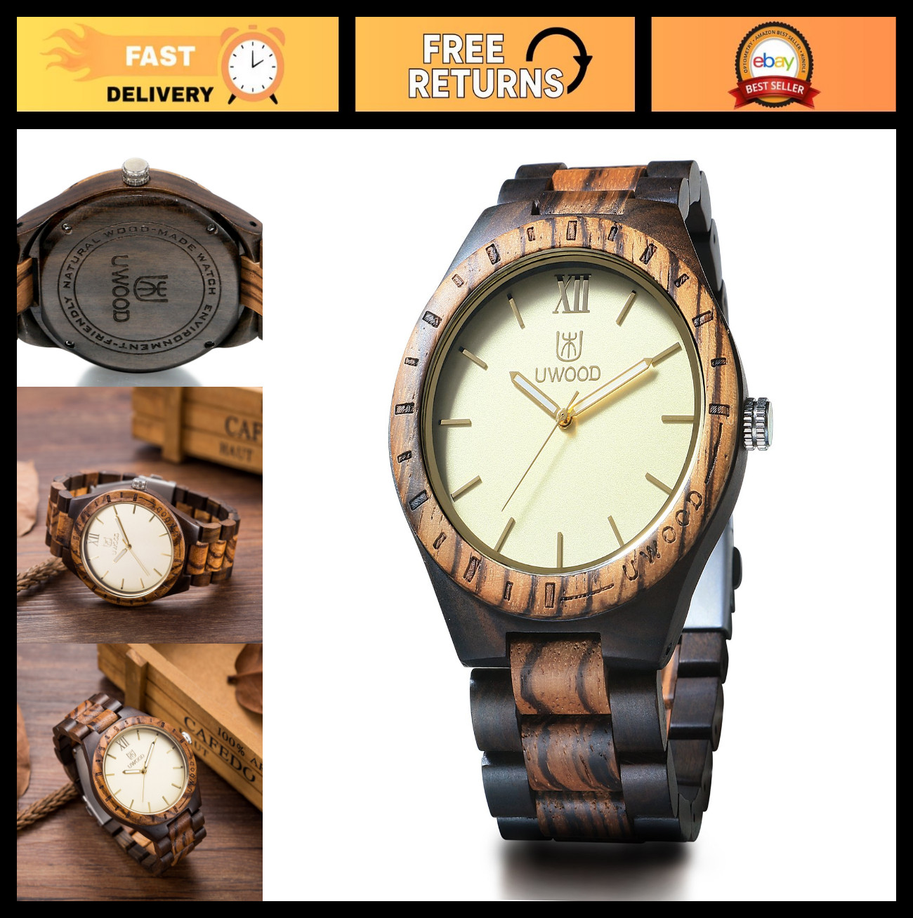Lightweight Handmade Sandalwood Watch, Vintage Roman Numerals, Analog Quartz, Un