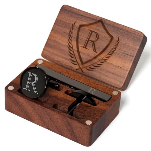 Mens Initial Cufflinks and Tie Clip A-Z Alphabet Letter Black Classic-R