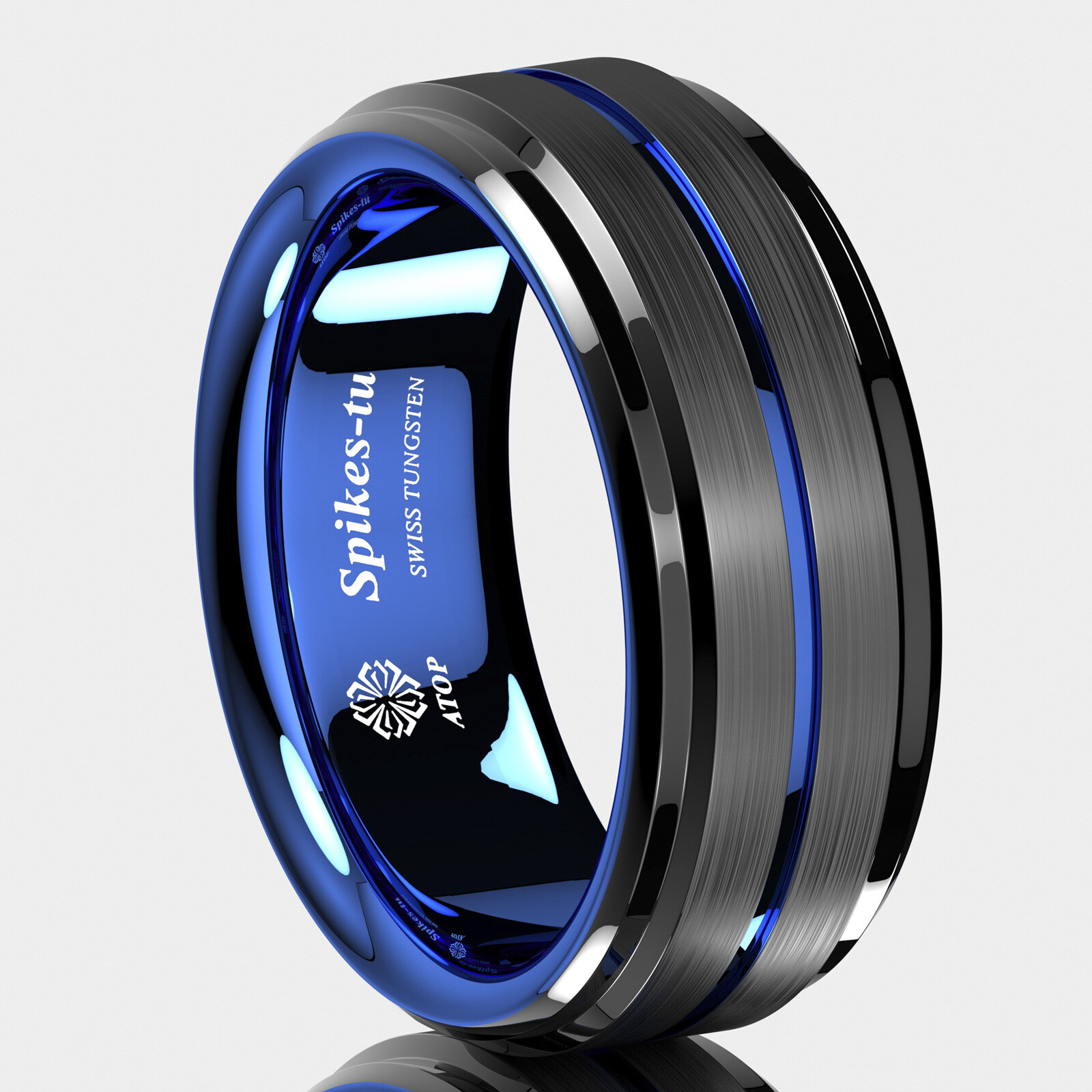 8mm Black Brushed Ladder Edge Tungsten Ring BLue Stripe ATOP Mens Wedding Band