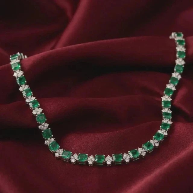 Lab-created 55ctw Emerald Diamond Tennis Necklace 14K White Gold plated