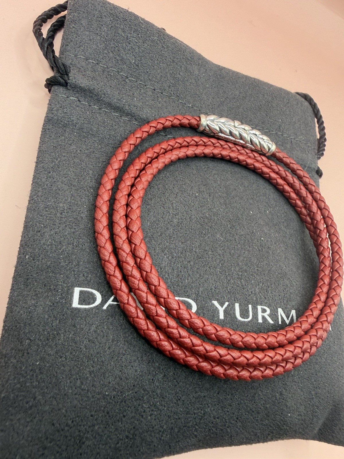 David Yurman Sterling Silver Leather Chevron Triple Red Wrap Bracelet Medium