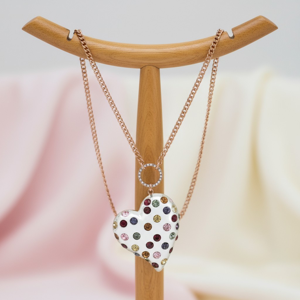 Betsey Johnson Multi-Colored Stone Lucite Heart Pendant Necklace Long Length