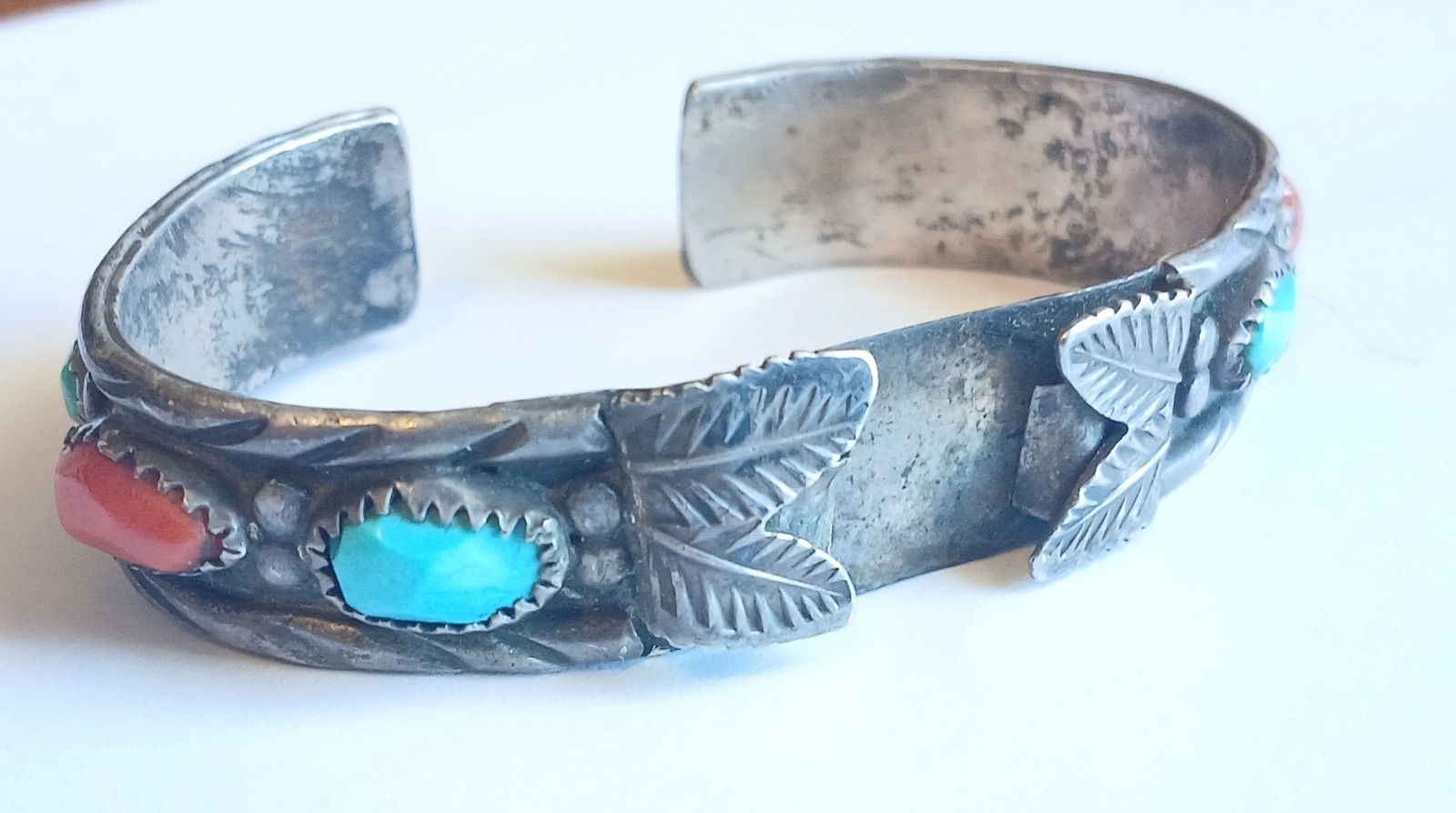 Vintage Zuni Angie Cheama Sterling Silver Turquoise & Coral Watch Cuff Bracelet