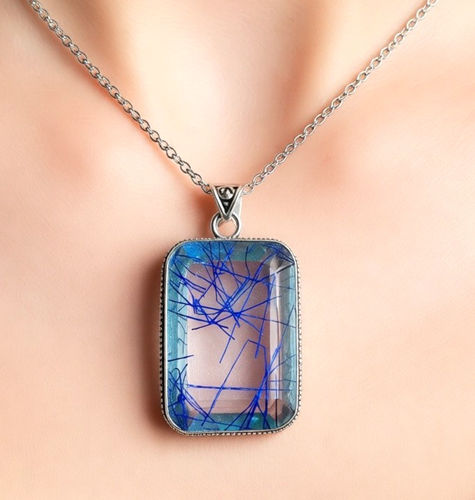 Blue Rutilated Quartz Gemstone 925 Sterling Silver Handmade Jewelry Pendant
