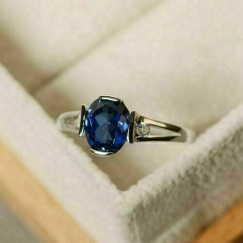 1.50Ct Lab Created Oval Blue Sapphire Engagement Ring 14K White Gold Finish