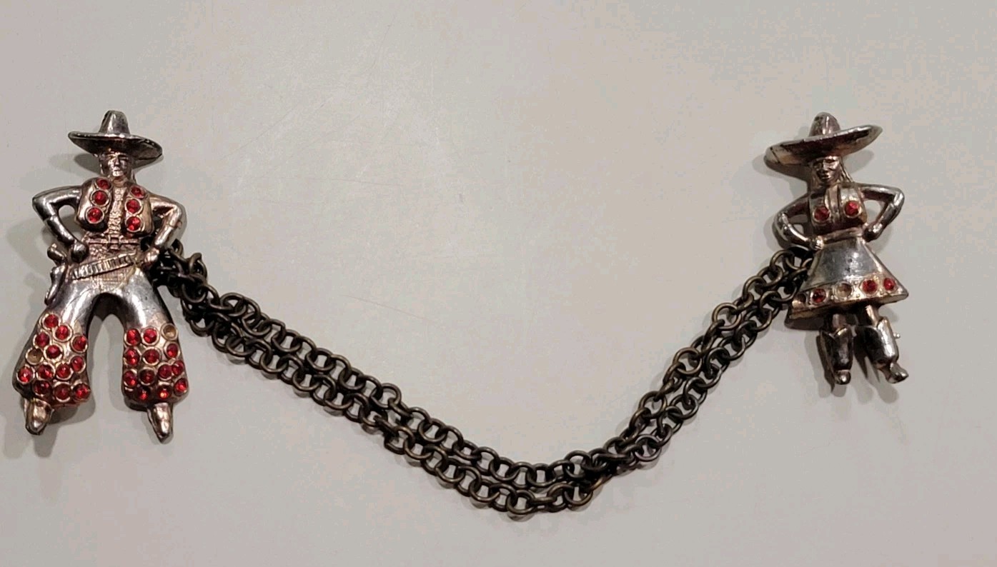 Vtg Pewter Tone Figural Male & Female Chatelaine Pin Brooch Charros Mexi SW