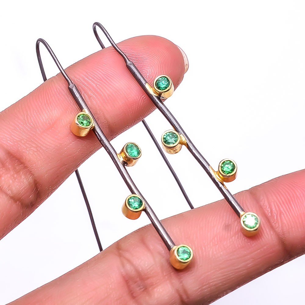 Emerald -Simulated 925 Silver Black And Gold Rhodium Plated Earring 2.15″ E94847