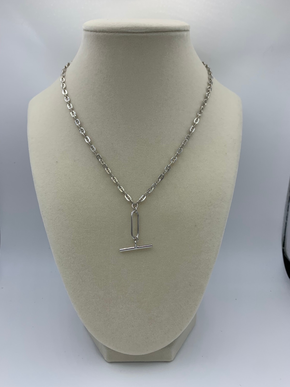 Rhodium Plated 925 Silver Flat Marina Paperclip Bar Pendant 3.2mm Necklace