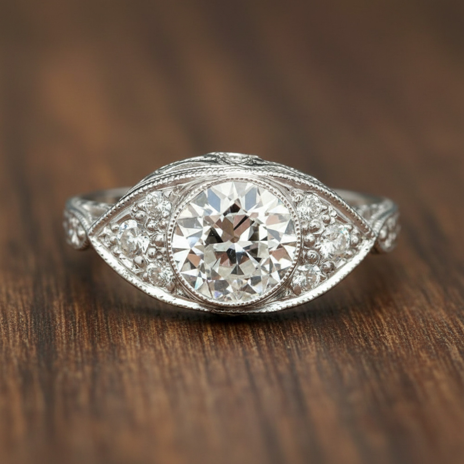 14K White Gold Vintage Style Old European Cut Simulated Diamond Engagement Ring