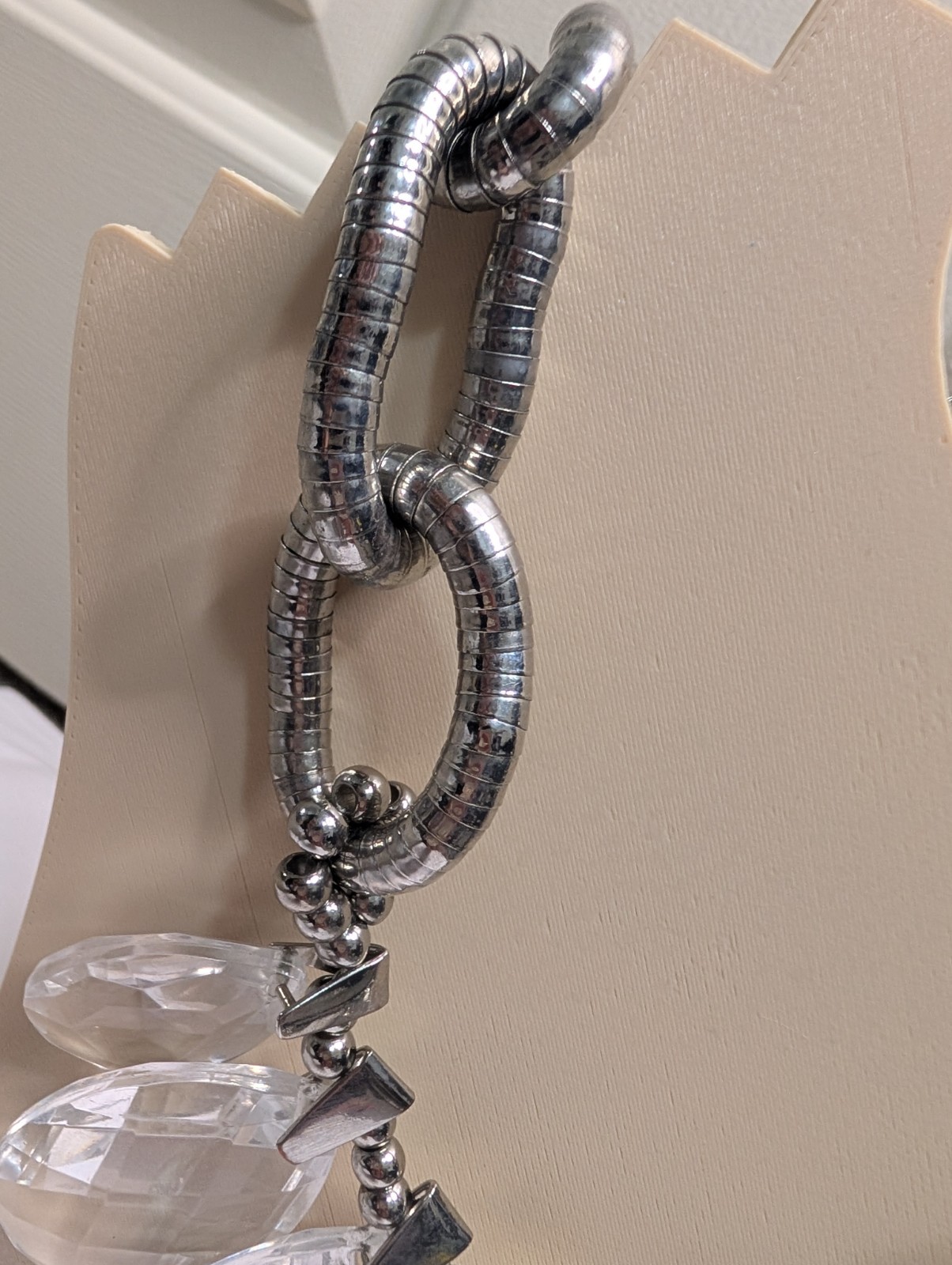 Silver Tone Link Chain Statement Necklace w/ Clear Plastic Drops Toggle