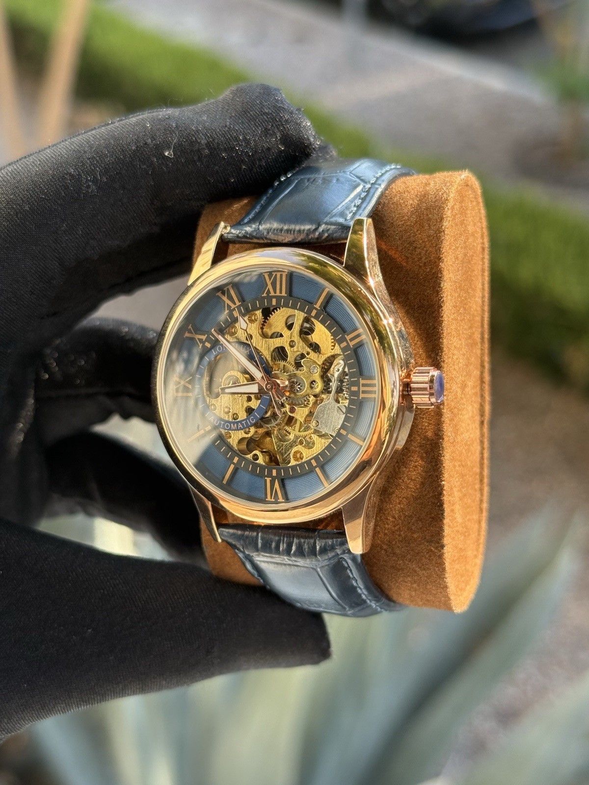 Longlux Automatic Skeleton Men’s Watch Gold Tone Blue Dial 42mm 3ATM Leather