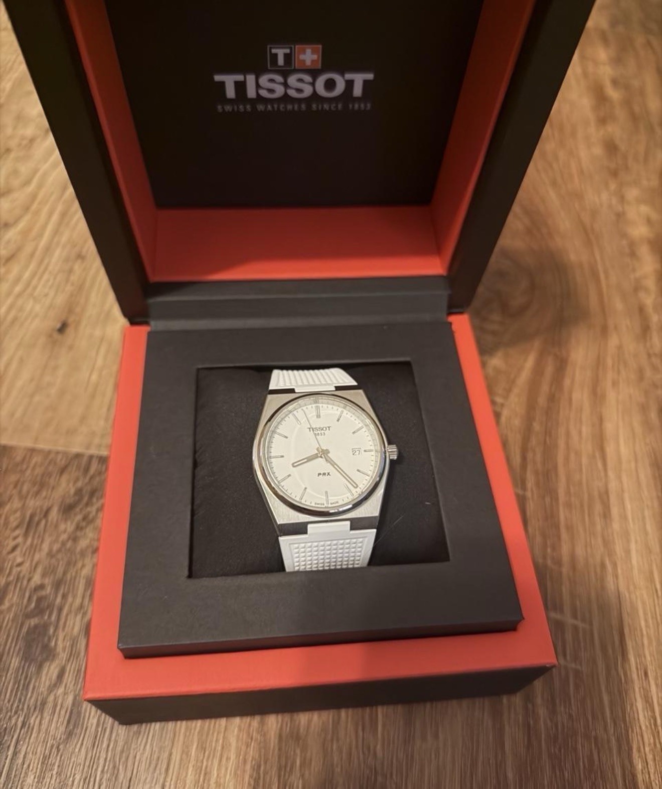 Tissot PRX Quartz White Dial Date Steel Silver Case White Rubber Strap 100m Box