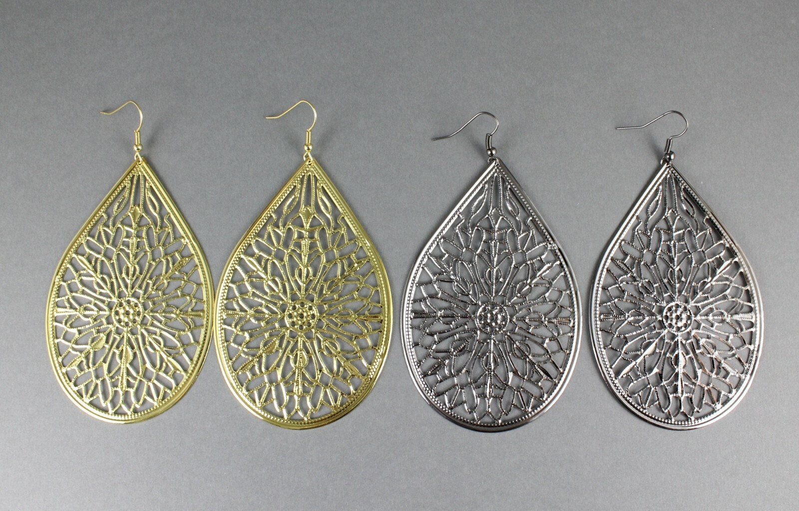 Big Huge Dark Grey earrings lightweight filigree teardrop oval dangle 3.75″ long