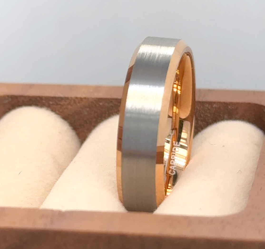 Silver & Rose Gold Tungsten Couple Ring – Elegant Two Tone Engagement Band