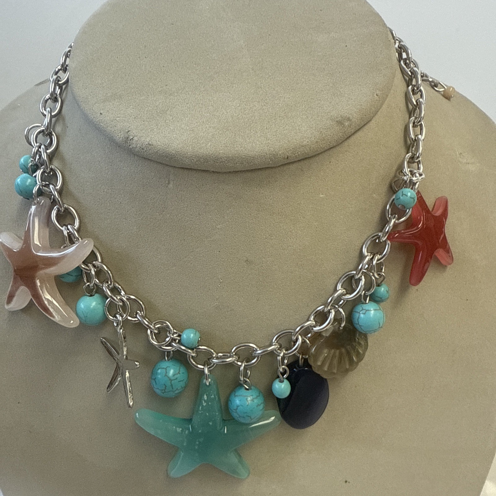 Retro Plexi Sliver Necklace Multi Color And Starfish And Shells
