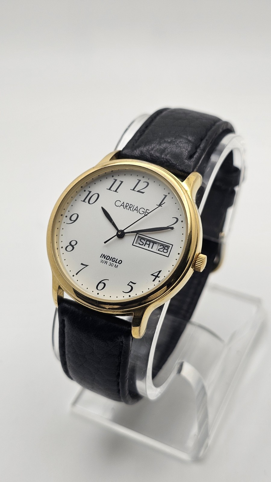 Carriage Day Date Gold Tone Case 35 MM Indiglo White Dial Black Leather Watch