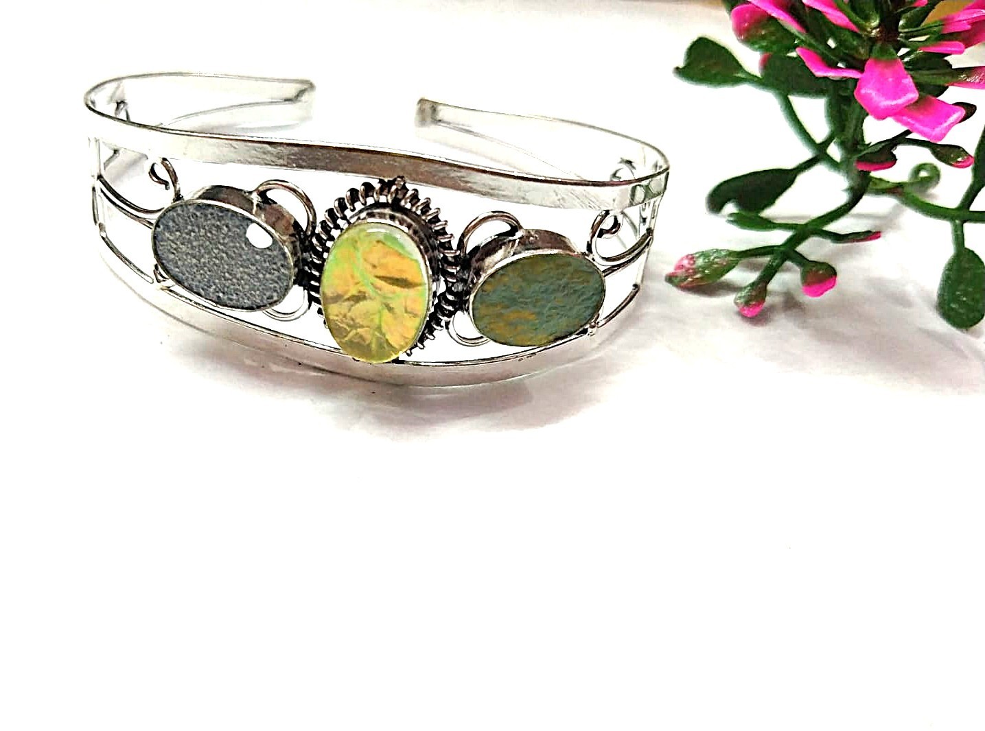 Multicolor Gemstone Handamde 925 Sterling Silver Jewelry Cuf Bracelet Adjustable
