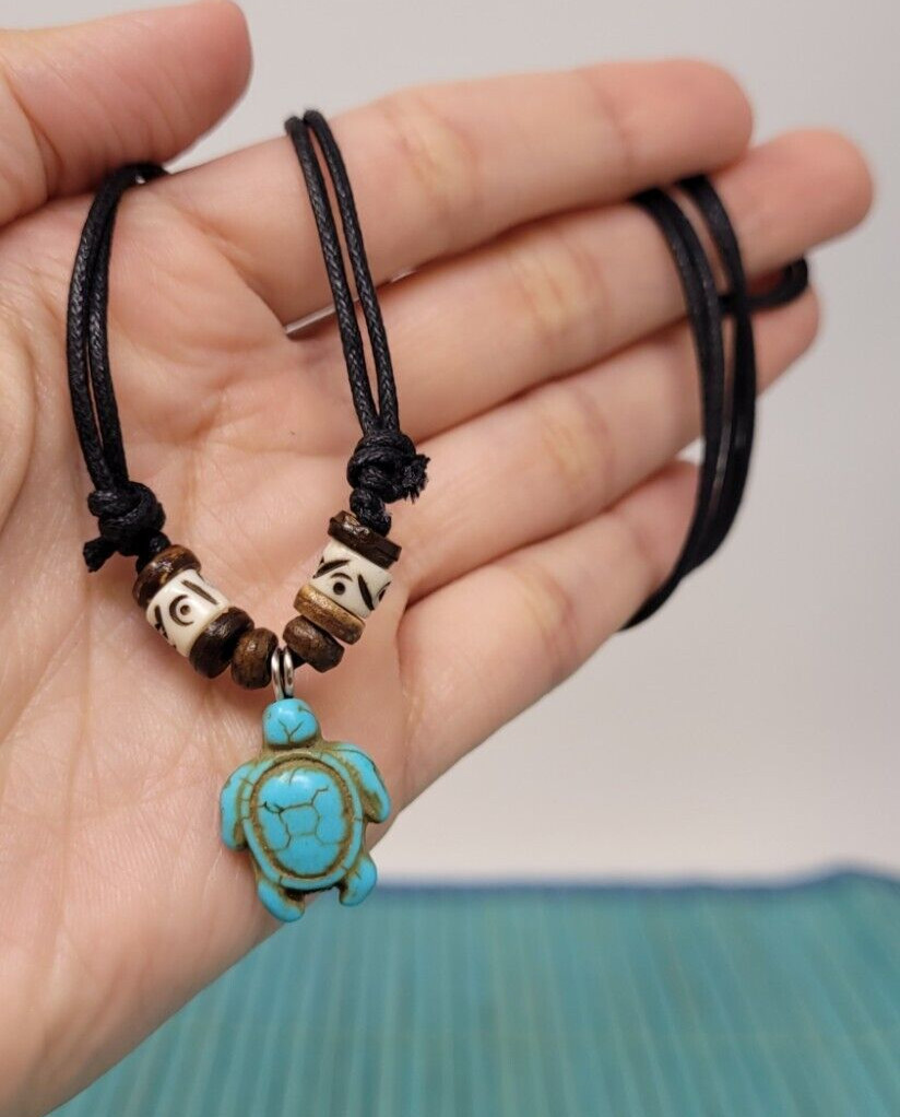 Turquoise Blue Sea Turtle Charm with Black Cord Choker Necklace Turquoise Turtle