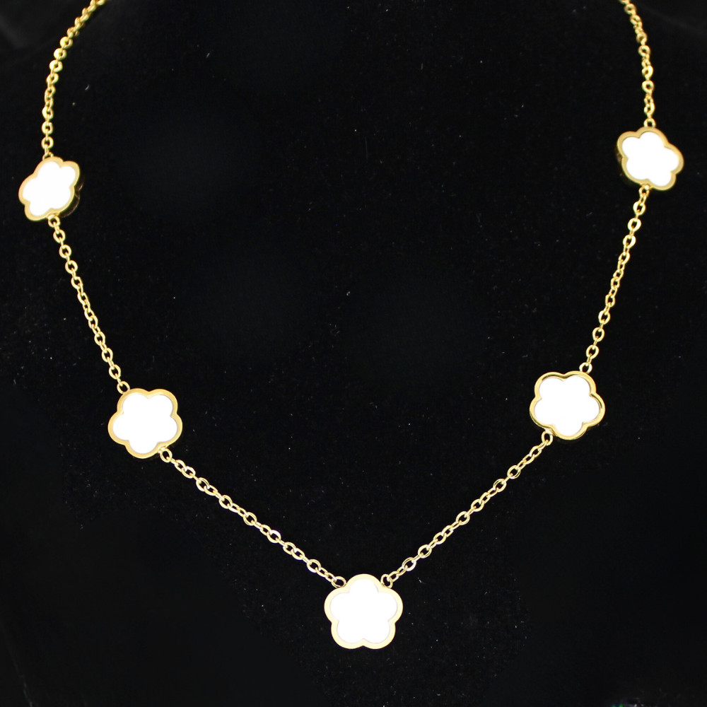 3pc StainlessSteel Five Leaf Clover Flower Necklace Set Tarnish Free Gold Plated