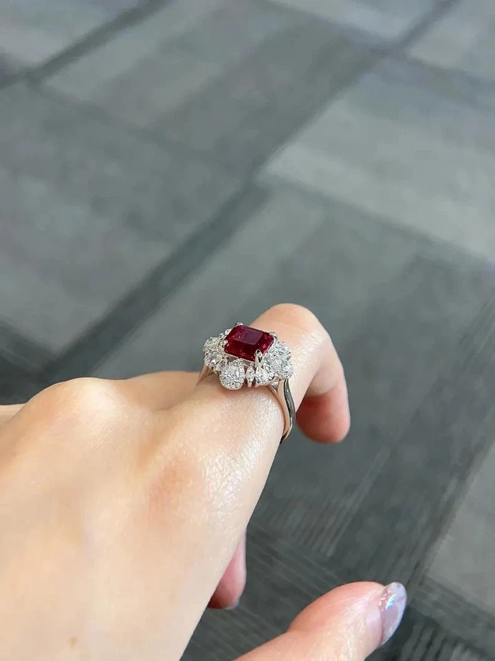 3.44Ct Asscher Cut Natural Ruby Diamond Wedding Ring 14K Real White Gold Size 6