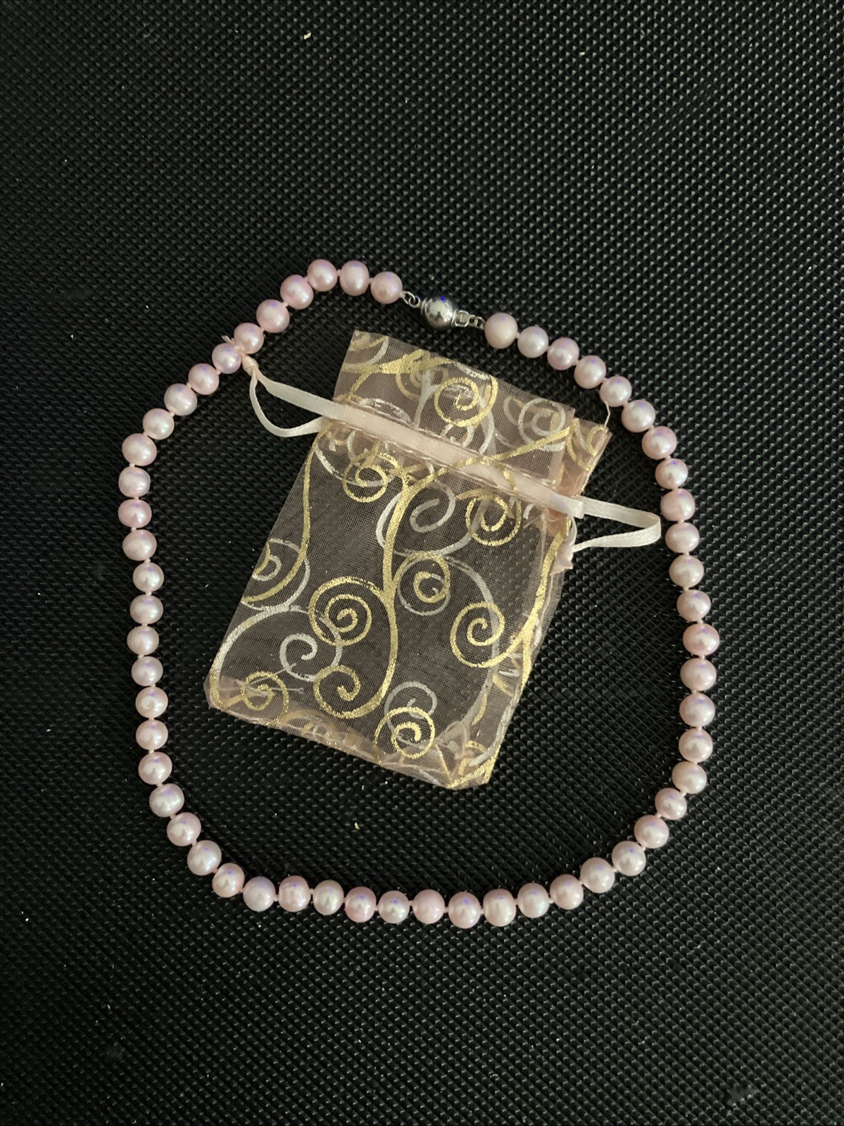 Baby Pink Pearl Necklace with Silver ball clasp, with matching draw string bag