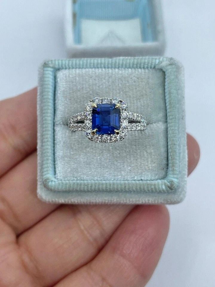 2Ct Emerald Cut Lab-Created Sapphire Halo Engagement Ring 14K White Gold Plated