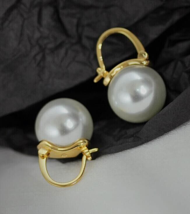 Huge AAA 16mm White South Sea Round Shell Pearl Earrings Nice Earrings 14k Gold