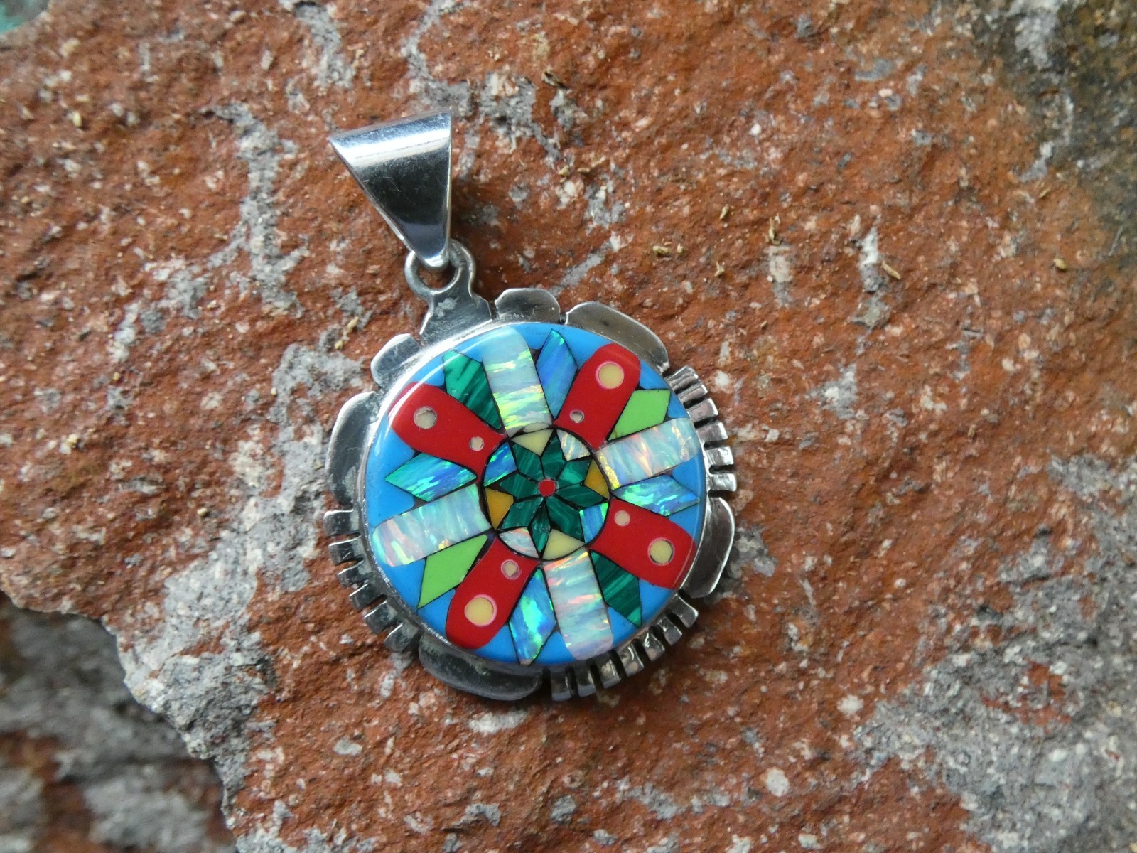 Colorful Micro Inlay Gemstone Mix Sterling Silver Aluminum Alloy Pendant AT8
