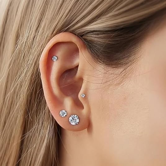 Silver Alloy Zircon Stud Earrings Set 12 Pairs Round Six Prong for For CRYSTAL