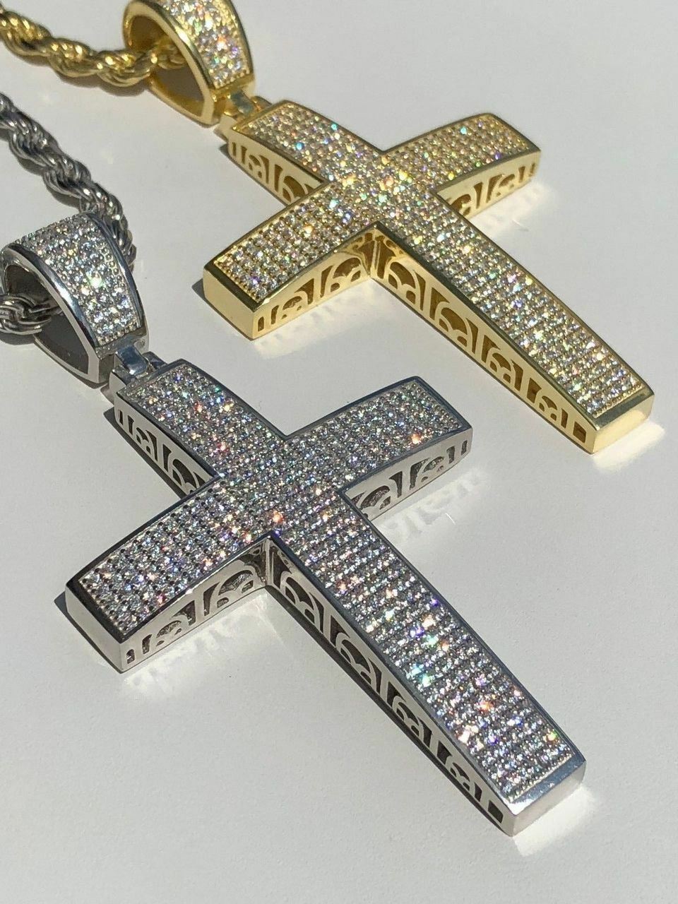 Mens Solid 925 Silver Cross Pendant Real ICED 3ct CZ 14k Gold Plated Rope Chain