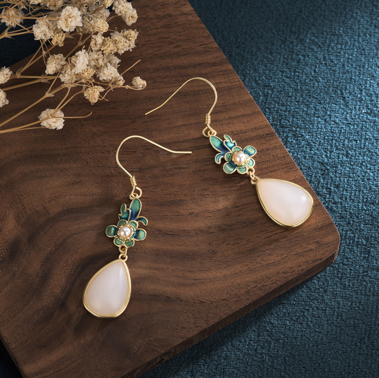 Jade Drop Dangle Earrings Flowers Cloisonne Bohemian Ear Hook 18K Gold Plated