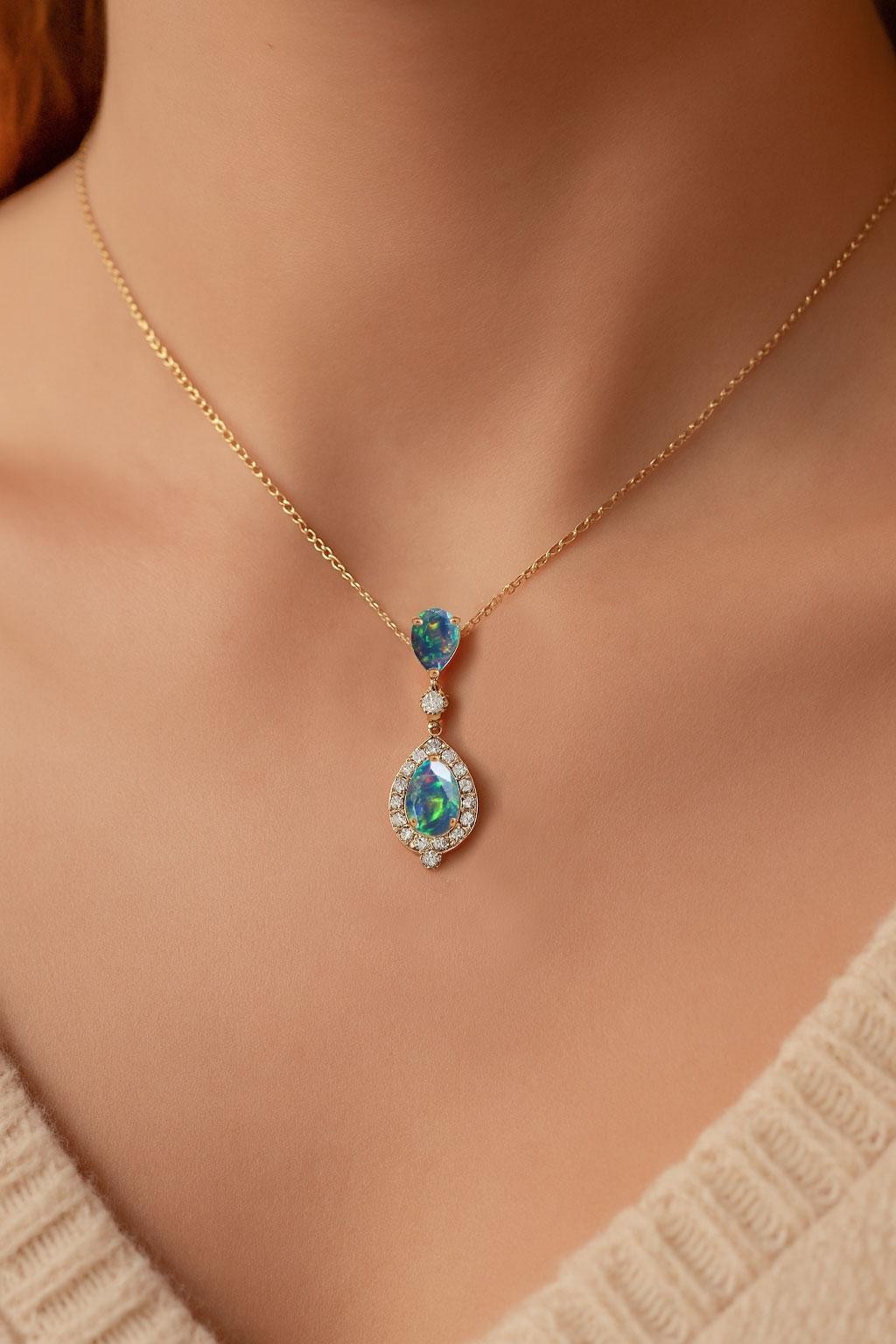 AAA Black Opal Gemstone Long Charm Pendant, Genuine Opal Chain Pendant Necklace