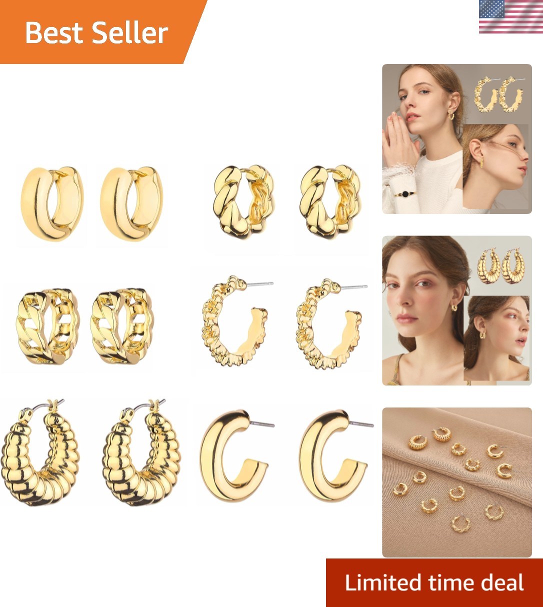 Luxurious 14K Gold Plated Chunky Hoop Earrings – 6 Pairs for Every Occasion
