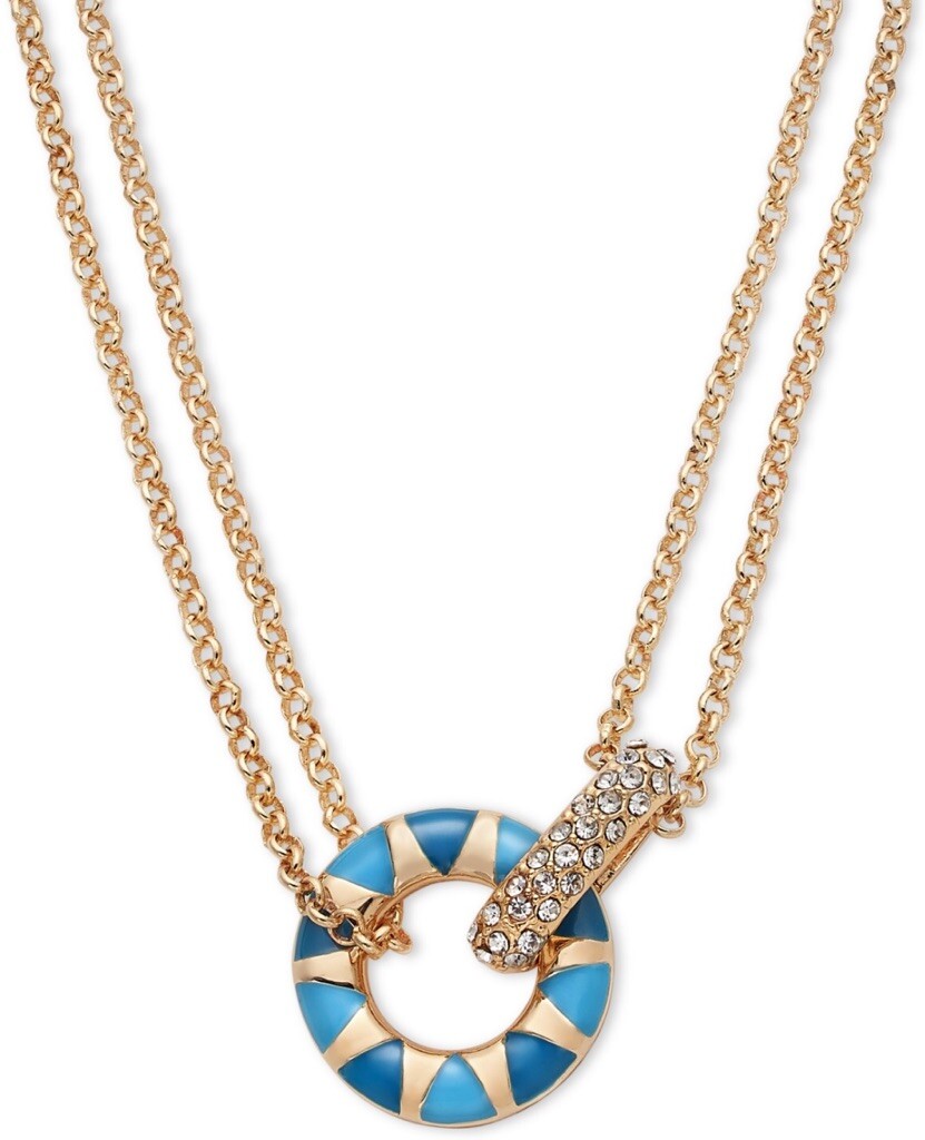 On 34th Gold-Tone Pavé & Color Circle Double Chain Pendant Necklace, 16″ + 2″