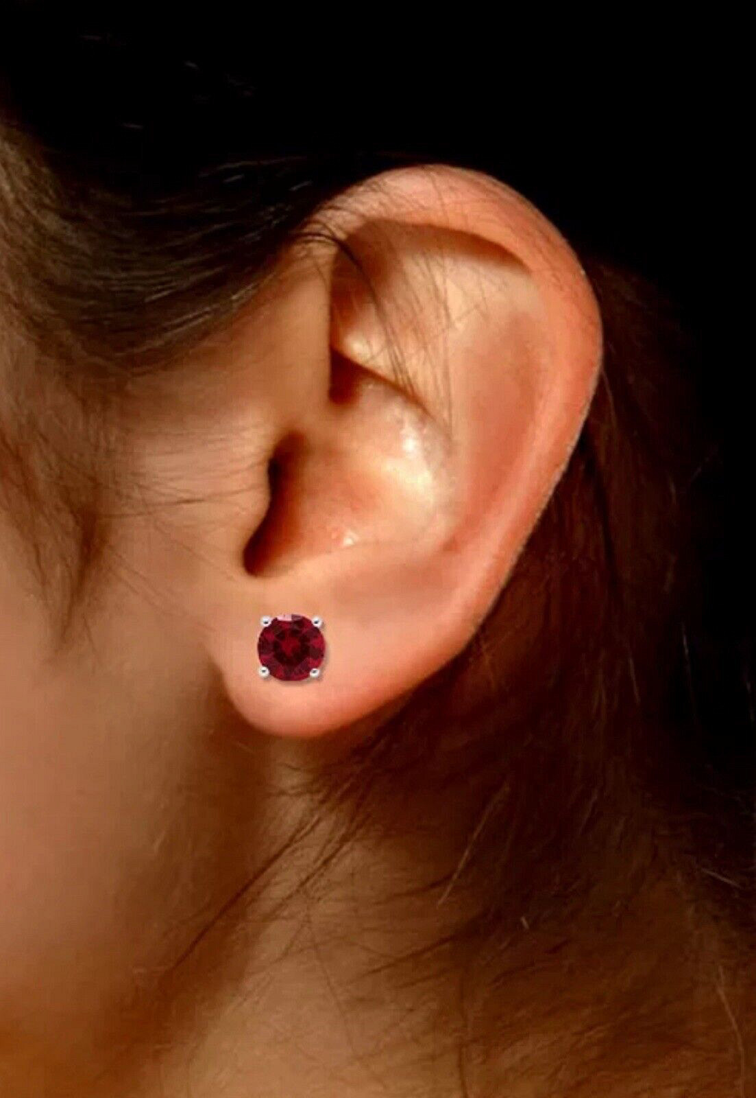 4 Ct Round Cut Lab Created Red Ruby Stud Earrings 14K White Gold 7mm Push Back