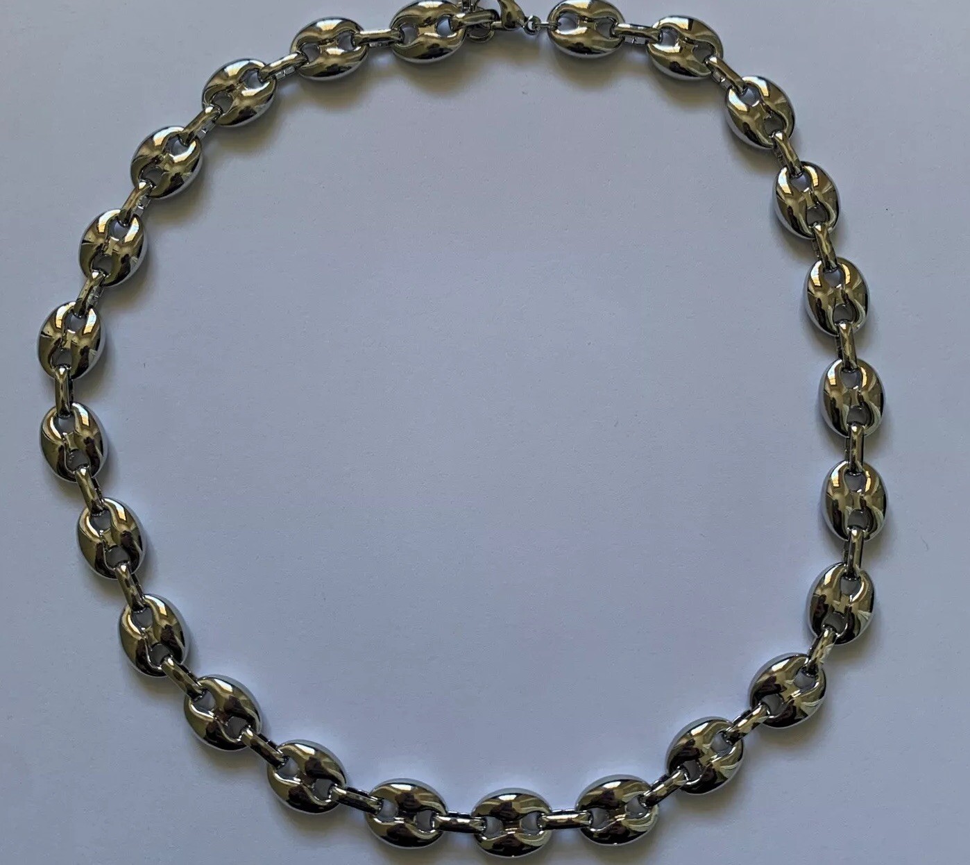 14k White gold Plated Puffy Puffed Anchor Mariner Link Chain Necklace 1cm thick