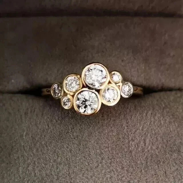 14K Yellow Gold Plated 3CT Round Cut Real Moissanite Bezel Cluster Wedding Ring