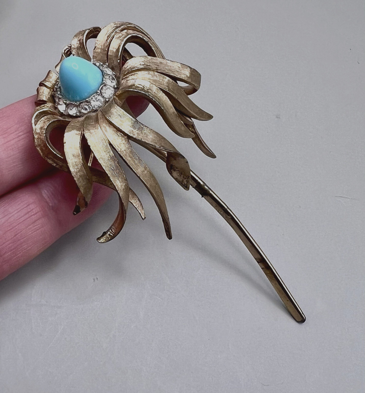 Vintage MARCEL BOUCHER Brooch Faux Turquoise & Rhinestone Flower 7849P SIGNED